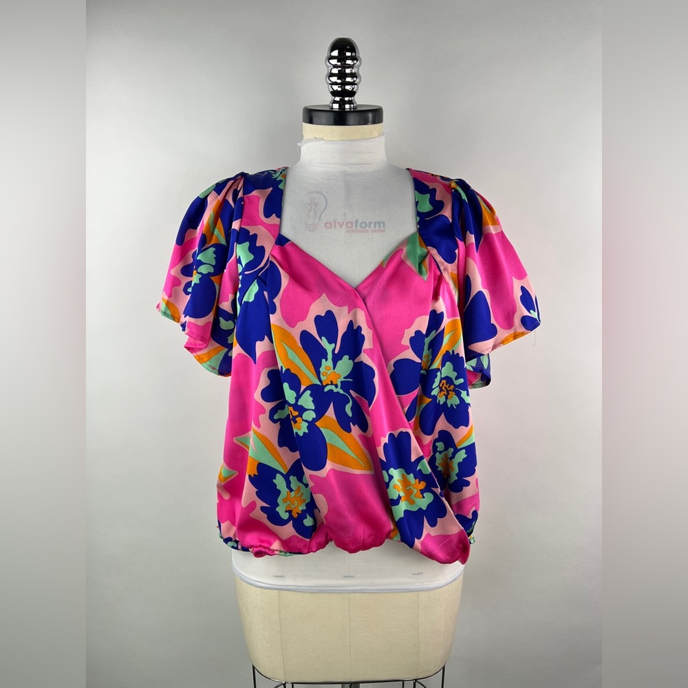 Umgee Pink Floral Flutter Sleeve Blouse